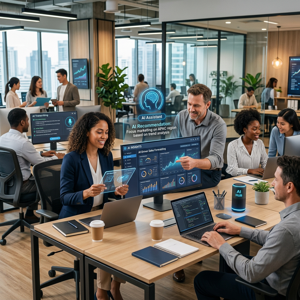 Office team collaborating using AI-powered data dashboards and digital interfaces