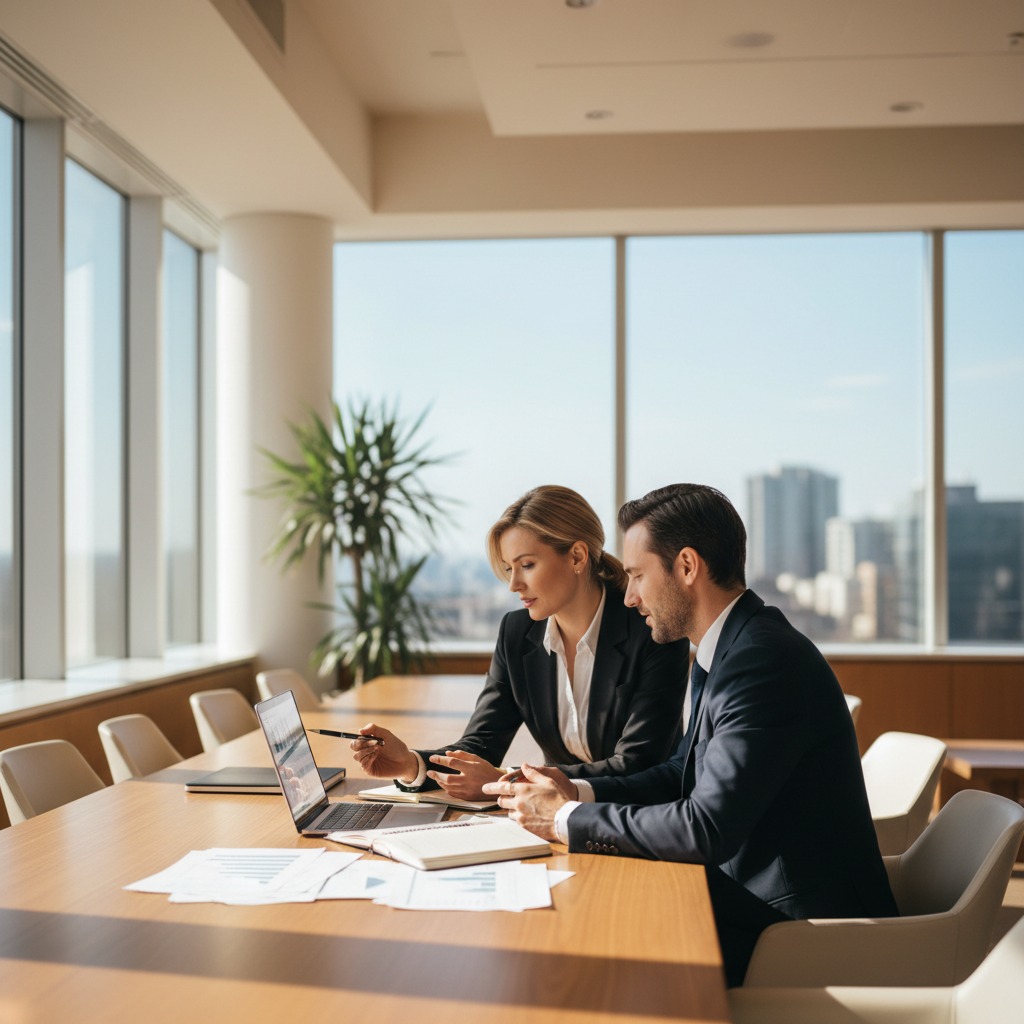 A businesswoman and a businessman sit together at a long wooden conference table in a sunlit office, reviewing documents and a laptop.